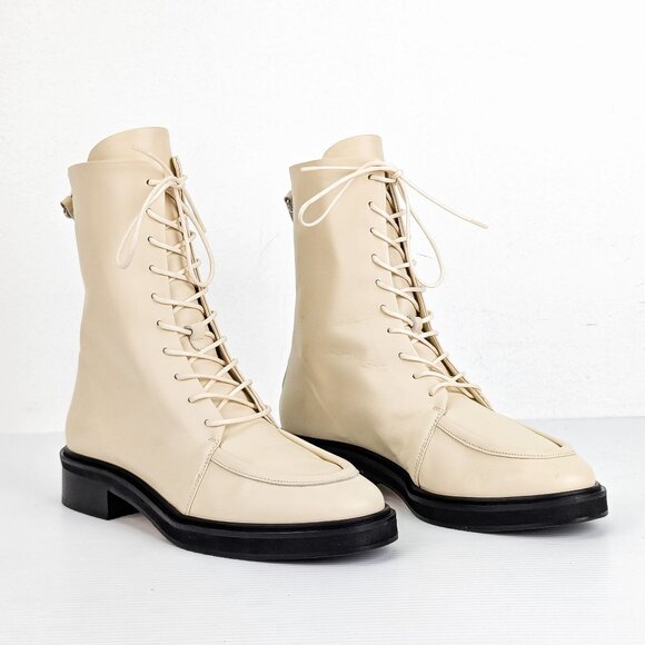 Aeyde Women Isa Off White Leather Lace-up Zip Combat Boots sz 9US EUR40 - Picture 1 of 9